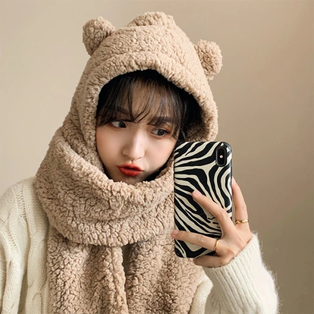 Plush bear ears, hat and scarf in one piece for women, Korean style, versatile for autumn and winter, Japanese style, sweet and cute, warm in winter Plush bear ears, hat and scarf in one piece for women, Korean style, versatile for autumn and winter, Japanese style, sweet and cute, warm in winter